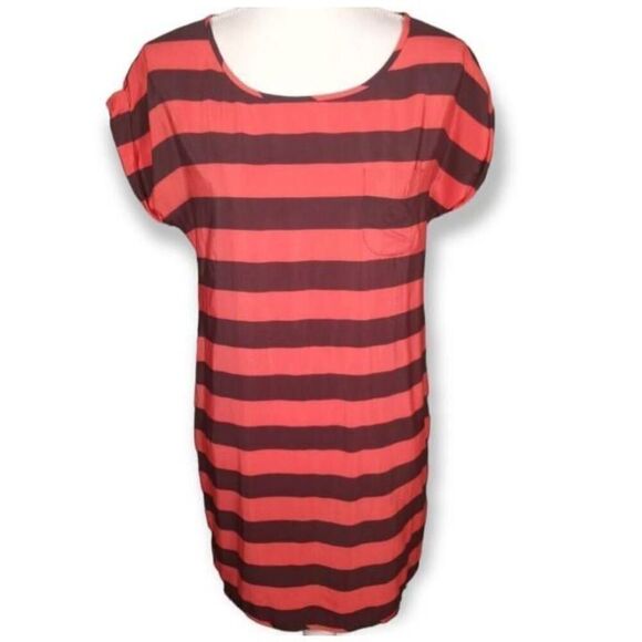 FRENCH CONNECTION RED & BROWN STRIPE SILK DRESS SZ.4 EUC. - Picture 1 of 6